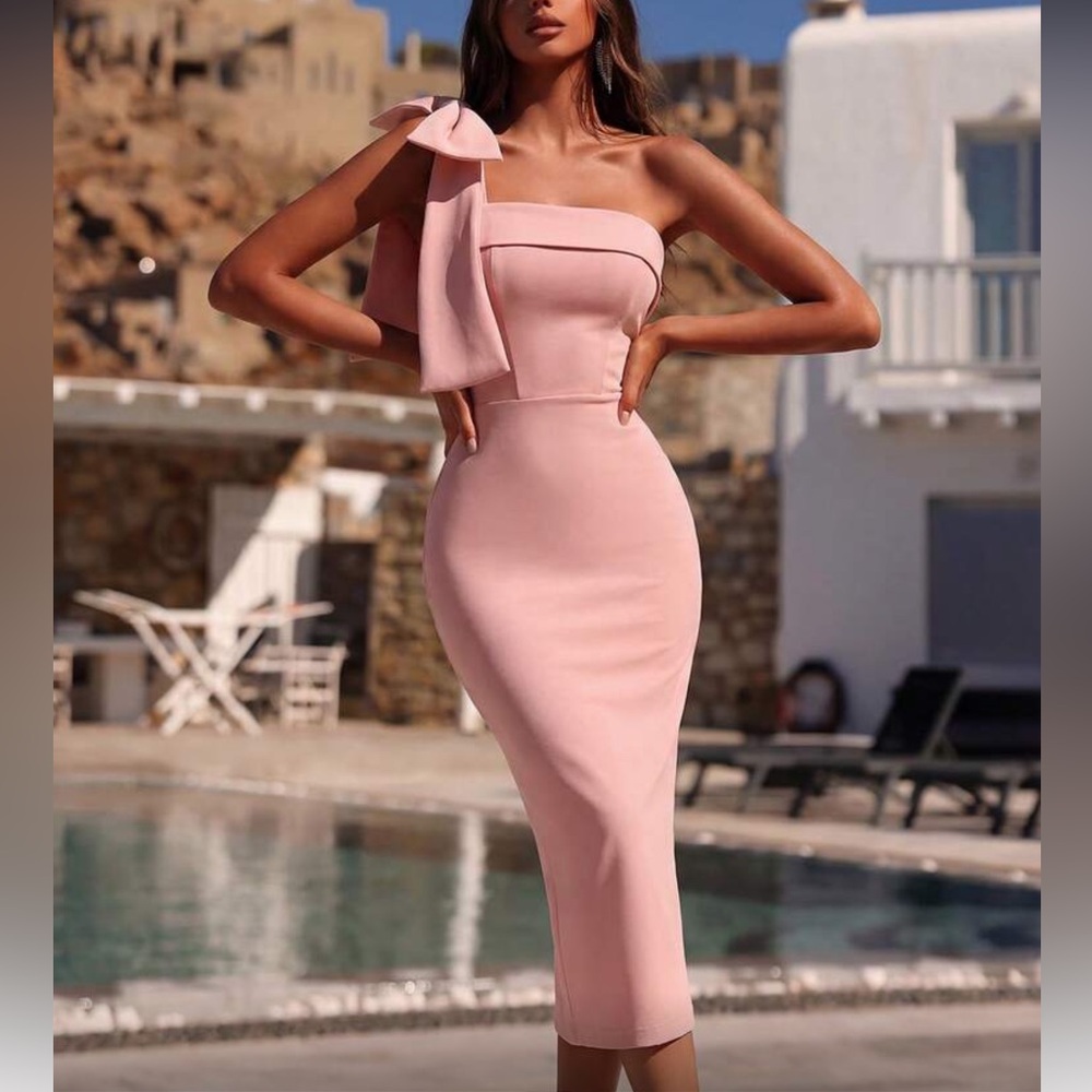 One-Shoulder Pink  Midi Dress with Bow Detail